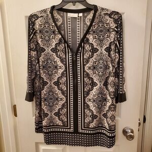 Belle Kim Gravel sz 2X tunic blouse 3/4 slv medallion geometric print artsy boho